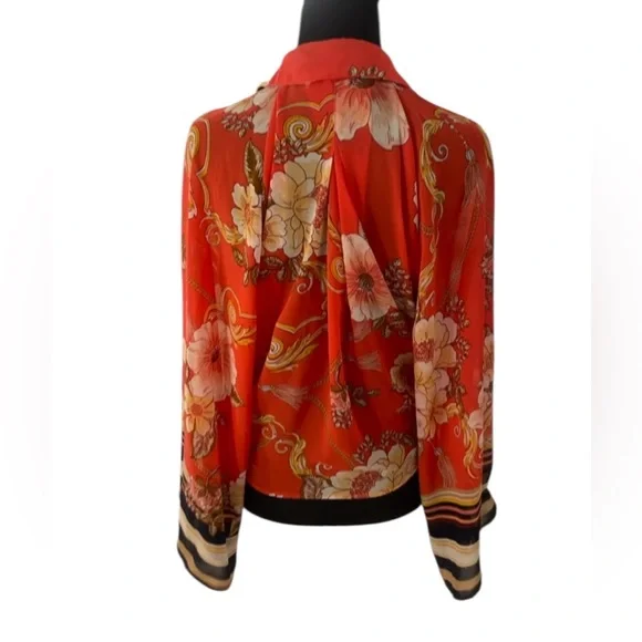 Floral Red, Orange Vacation-Ready Orange Floral Blouse, front tie, bell sleeve - Picture 4 of 8